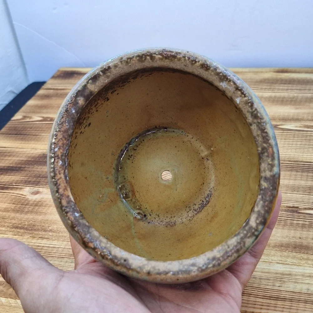 Mini Ceramic‎ Flower Pot Green Glazed Ring On Tan 3.5